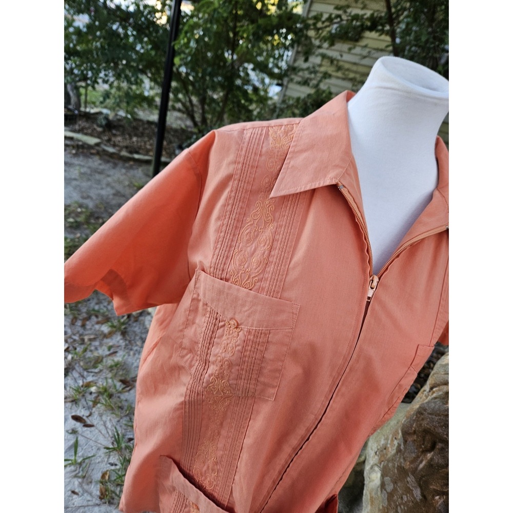 Haband Guayabera Cuban Shirt Zip Up Embroidered Peach Orange Rust Cubavera LG - Picture 8 of 9